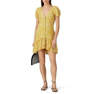 Wish Golden Bloom Dress Women's Large Yellow Mini V-Neck Puff Sleeve Ruffle RTR